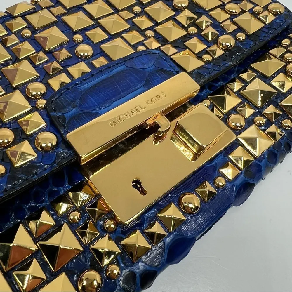 Michael Kors Python Studded Gia Clutch Bah Blue and Gold